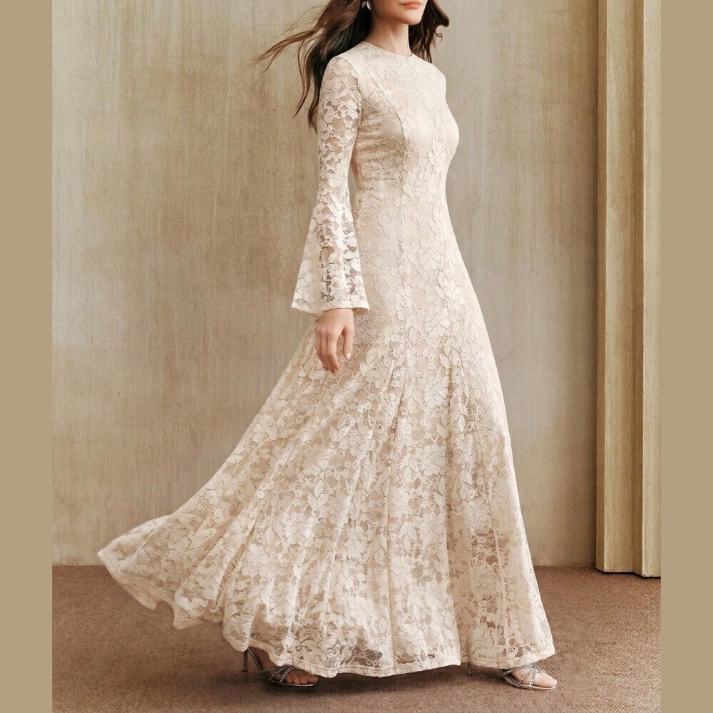 Cream Floral Lace Sheer Bell Sleeve Round Neck Maxi Dress